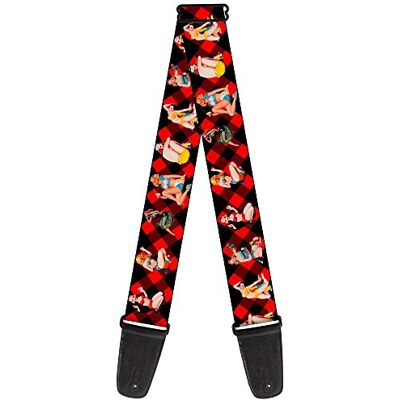 Buckle-Down correa para guitarra, Pin Up Girl Poses Buffalo Plaid Blocks Black/Red Buckle-Down correa para guitarra, Pin Up Girl Poses Buffalo Plaid Blocks Black/Red