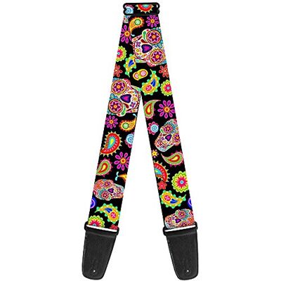 Buckle-Down Correa para guitarra Bobo Sugar Skull/Paisley Negro/Multi Color – 2" de ancho – 29-54" de longitud Buckle-Down Correa para guitarra Bobo Sugar Skull/Paisley Negro/Multi Color – 2" de ancho – 29-54" de longitud
