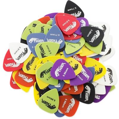 Tiger Paquete de 100 púas de guitarra para guitarra acústica/clásica/eléctrica/bajo Variedad de calibres Ligero/Medio/Pesado 0.58 mm / 0.71 mm / 0.81 mm / 0.96 mm Colores surtidos Tiger Paquete de 100 púas de guitarra para guitarra acústica/clásica/eléctrica/bajo Variedad de calibres Ligero/Medio/Pesado 0.58 mm / 0.71 mm / 0.81 mm / 0.96 mm Colores surtidos