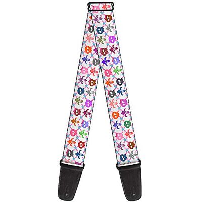 Buckle-Down Correa para guitarra con hebilla, diseño de calavera y flor de lis, color blanco y multicolor, 5 cm de ancho, 74 cm de longitud Buckle-Down Correa para guitarra con hebilla, diseño de calavera y flor de lis, color blanco y multicolor, 5 cm de ancho, 74 cm de longitud