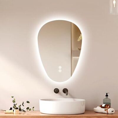 EMKE Espejo con iluminación LED asimétrico espejo de baño con iluminación 60 x 45 cm, interruptor táctil, 3 colores de luz, regulable, sin vaho, espejo de baño con iluminación, IP44, ahorro de energía EMKE Espejo con iluminación LED asimétrico espejo de baño con iluminación 60 x 45 cm, interruptor táctil, 3 colores de luz, regulable, sin vaho, espejo de baño con iluminación, IP44, ahorro de energía