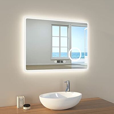 EMKE Espejo de baño LED, 90 x 70 cm, Espejo de baño con iluminación, Espejo de Pared con Interruptor táctil, antiempañamiento, Reloj IP44, energía IP44, LM13ETDZ- Estilo J EMKE Espejo de baño LED, 90 x 70 cm, Espejo de baño con iluminación, Espejo de Pared con Interruptor táctil, antiempañamiento, Reloj IP44, energía IP44, LM13ETDZ- Estilo J