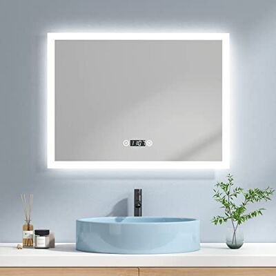 EMKE Espejo de baño con iluminación, 80 x 60 cm, LED, Espejo de baño con 3 Colores de luz, Blanco frío, Blanco cálido, Espejo de baño con iluminación con Interruptor táctil, sin vaho, Reloj IP44 EMKE Espejo de baño con iluminación, 80 x 60 cm, LED, Espejo de baño con 3 Colores de luz, Blanco frío, Blanco cálido, Espejo de baño con iluminación con Interruptor táctil, sin vaho, Reloj IP44