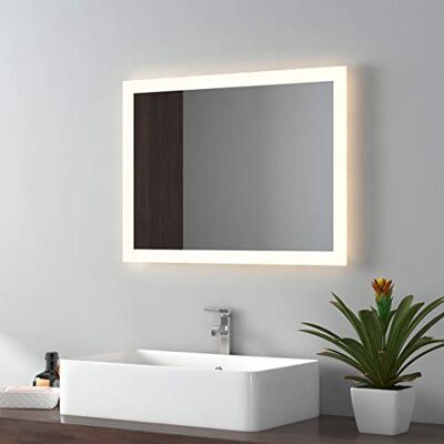 EMKE Espejo de baño LED de 45 x 60 cm, Espejo de Pared, luz Blanca cálida y luz Blanca fría, Espejo de baño con antivaho con botón EMKE Espejo de baño LED de 45 x 60 cm, Espejo de Pared, luz Blanca cálida y luz Blanca fría, Espejo de baño con antivaho con botón