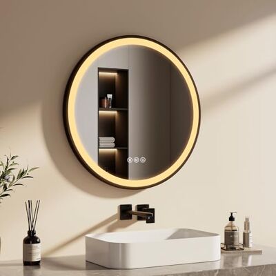 EMKE Espejo de baño Redondo de 70 cm con Interruptor táctil, función antivaho y 3 Colores de luz, Espejo Redondo de baño con Marco Negro y Correa Ajustable EMKE Espejo de baño Redondo de 70 cm con Interruptor táctil, función antivaho y 3 Colores de luz, Espejo Redondo de baño con Marco Negro y Correa Ajustable