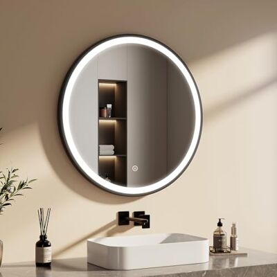 EMKE Espejo baño Redondo con luz 80 cm, Espejo baño LED Marco Negro con Interruptor táctil luz Blanca fría 6500 K (Tipo 3) EMKE Espejo baño Redondo con luz 80 cm, Espejo baño LED Marco Negro con Interruptor táctil luz Blanca fría 6500 K (Tipo 3)
