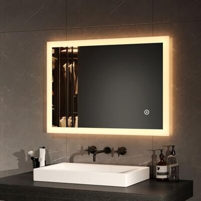 EMKE Espejo de baño, Espejo LED, 70 x 50 cm, Espejo de baño Rectangular con Interruptor táctil, antiniebla, luz 3 Colores EMKE Espejo de baño, Espejo LED, 70 x 50 cm, Espejo de baño Rectangular con Interruptor táctil, antiniebla, luz 3 Colores