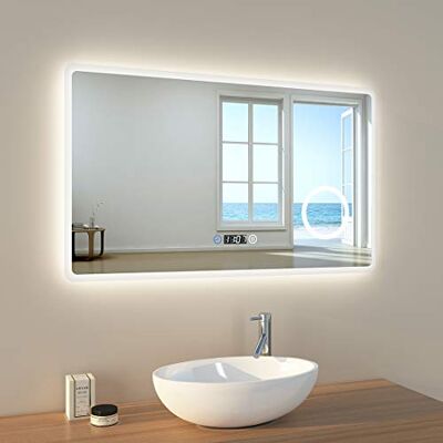EMKE Espejo de baño LED, 100 x 60 cm, Espejo de baño con iluminación, 3 Colores de luz, 3000 – 6400 K, Blanco frío, Blanco cálido, Espejo de Pared con Interruptor táctil con Reloj, IP44 EMKE Espejo de baño LED, 100 x 60 cm, Espejo de baño con iluminación, 3 Colores de luz, 3000 – 6400 K, Blanco frío, Blanco cálido, Espejo de Pared con Interruptor táctil con Reloj, IP44