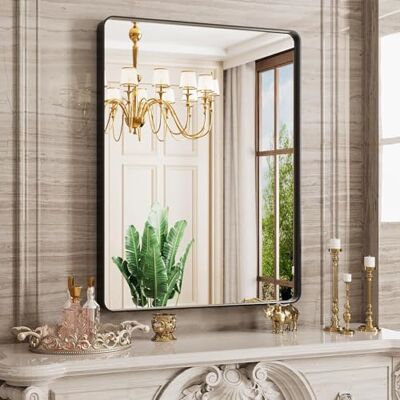 JISOSO Espejo de baño, Espejo montado en la Pared de 24 x 32 Pulgadas, Espejo de tocador con Marco de Metal Negro con Vidrio Templado para Dormitorio de Granja, Entrada, Sala de Estar JISOSO Espejo de baño, Espejo montado en la Pared de 24 x 32 Pulgadas, Espejo de tocador con Marco de Metal Negro con Vidrio Templado para Dormitorio de Granja, Entrada, Sala de Estar