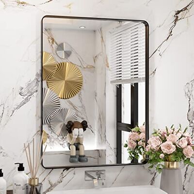 WEER Espejo de baño Negro para Pared de 24 x 32 Pulgadas, Espejo Rectangular de tocador con Marco de Metal Negro, Espejo de baño de Granja con Vidrio Templado, Esquina Redondeada, antioxidante WEER Espejo de baño Negro para Pared de 24 x 32 Pulgadas, Espejo Rectangular de tocador con Marco de Metal Negro, Espejo de baño de Granja con Vidrio Templado, Esquina Redondeada, antioxidante
