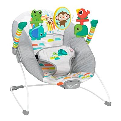 Bright Starts , Hamaca para bebés Playful Paradise Comfy con vibración calmante y 3 juguetes giratorios, arco de juguetes removible, arnés de 3 puntos, unisex, 0-6 meses hasta 9 kg Bright Starts , Hamaca para bebés Playful Paradise Comfy con vibración calmante y 3 juguetes giratorios, arco de juguetes removible, arnés de 3 puntos, unisex, 0-6 meses hasta 9 kg