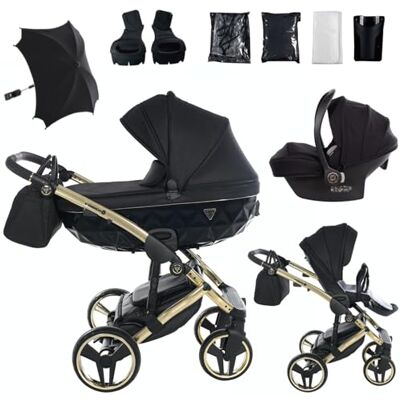 JUNAMA Diamond 02 Negro y Dorado Cochecito de Bebé 2 en 1, 3 en 1, 4 en 1 + ombrilla para Carrito (3 en 1 con illa de auto) JUNAMA Diamond 02 Negro y Dorado Cochecito de Bebé 2 en 1, 3 en 1, 4 en 1 + ombrilla para Carrito (3 en 1 con illa de auto)