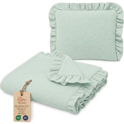 Totsy Baby Manta refrescante de verano para bebé Set: Babydecke 75x60 cm + Kissen 40x30 cm ropa de cama con volantes niños muselina ligera transpirable cochecito algodón Verde menta Totsy Baby Manta refrescante de verano para bebé Set: Babydecke 75x60 cm + Kissen 40x30 cm ropa de cama con volantes niños muselina ligera transpirable cochecito algodón Verde menta
