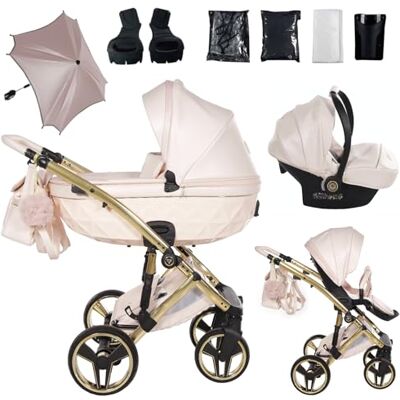JUNAMA Candy Premium Rosa y Dorado Cochecito de Bebé 2 en 1, 3 en 1, 4 en 1 + Sombrilla para Carrito (3 en 1 con silla de auto) JUNAMA Candy Premium Rosa y Dorado Cochecito de Bebé 2 en 1, 3 en 1, 4 en 1 + Sombrilla para Carrito (3 en 1 con silla de auto)
