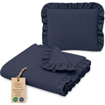 Totsy Baby Manta refrescante de verano para bebé Set: Babydecke 75x60 cm + Kissen 40x30 cm ropa de cama con volantes niños muselina ligera transpirable cochecito algodón Azul marino Totsy Baby Manta refrescante de verano para bebé Set: Babydecke 75x60 cm + Kissen 40x30 cm ropa de cama con volantes niños muselina ligera transpirable cochecito algodón Azul marino