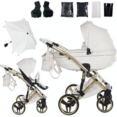 JUNAMA Candy Premium Blanco y Dorado Cochecito de Bebé 2 en 1, 3 en 1, 4 en 1 + Sombrilla para Carrito (2 en 1 con adaptadores) JUNAMA Candy Premium Blanco y Dorado Cochecito de Bebé 2 en 1, 3 en 1, 4 en 1 + Sombrilla para Carrito (2 en 1 con adaptadores)