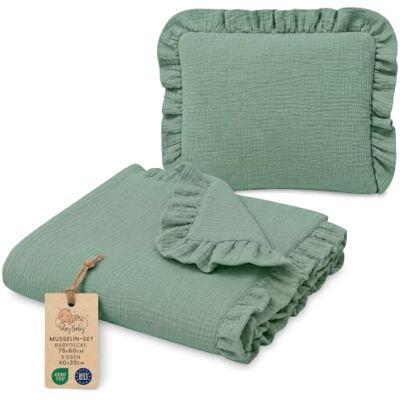 Totsy Baby Manta refrescante de verano para bebé Set: Babydecke 75x60 cm + Kissen 40x30 cm ropa de cama con volantes niños muselina ligera transpirable cochecito algodón Salvia Totsy Baby Manta refrescante de verano para bebé Set: Babydecke 75x60 cm + Kissen 40x30 cm ropa de cama con volantes niños muselina ligera transpirable cochecito algodón Salvia