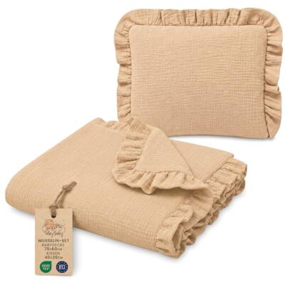 Totsy Baby Manta refrescante de verano para bebé Set: Babydecke 75x60 cm + Kissen 40x30 cm ropa de cama con volantes niños muselina ligera transpirable cochecito algodón Beige Totsy Baby Manta refrescante de verano para bebé Set: Babydecke 75x60 cm + Kissen 40x30 cm ropa de cama con volantes niños muselina ligera transpirable cochecito algodón Beige