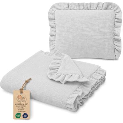 Totsy Baby Manta refrescante de verano para bebé Set: Babydecke 75x60 cm + Kissen 40x30 cm ropa de cama con volantes niños muselina ligera transpirable cochecito algodón Gris Totsy Baby Manta refrescante de verano para bebé Set: Babydecke 75x60 cm + Kissen 40x30 cm ropa de cama con volantes niños muselina ligera transpirable cochecito algodón Gris