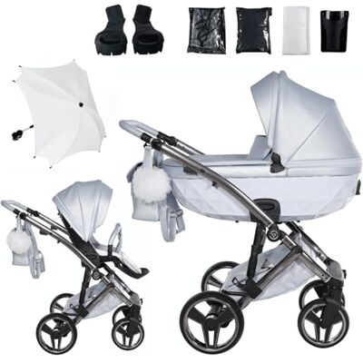 JUNAMA Candy Premium Azul y Plateado Cochecito de Bebé 2 en 1, 3 en 1, 4 en 1 + Sombrilla para Carrito (2 en 1 con adaptadores) JUNAMA Candy Premium Azul y Plateado Cochecito de Bebé 2 en 1, 3 en 1, 4 en 1 + Sombrilla para Carrito (2 en 1 con adaptadores)