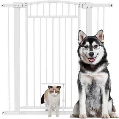 PawHut Puerta de Seguridad Extensible para Perros 76-104 x 106 cm, Puerta de Escalera con Doble Sistema de Bloqueo, Montaje a presión o perforación, Puerta para Perros y Gatos, Color Blanco PawHut Puerta de Seguridad Extensible para Perros 76-104 x 106 cm, Puerta de Escalera con Doble Sistema de Bloqueo, Montaje a presión o perforación, Puerta para Perros y Gatos, Color Blanco