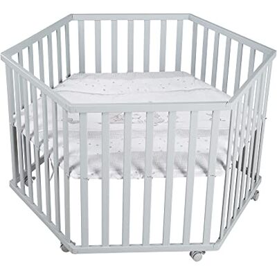 roba Parque Infantil Hexagonal + Colchón de Corralito Estampada con Elefantes de Ensueño Altura Ajustable 6 Ruedas con Frenos Madera Gris roba Parque Infantil Hexagonal + Colchón de Corralito Estampada con Elefantes de Ensueño Altura Ajustable 6 Ruedas con Frenos Madera Gris