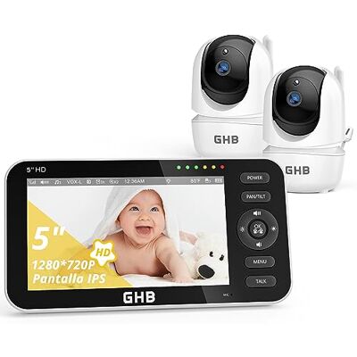 GHB Camara Vigilancia Bebe con 5" HD Pantalla Vigilabebés con 2 Cámaras, Batería de 4000mAh, Pantalla Dividida, 4×Zoom, Visión Nocturna, Comunicación Bidirecciona Escucha Bebes GHB Camara Vigilancia Bebe con 5" HD Pantalla Vigilabebés con 2 Cámaras, Batería de 4000mAh, Pantalla Dividida, 4×Zoom, Visión Nocturna, Comunicación Bidirecciona Escucha Bebes