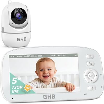 GHB Camara Vigilacia Bebe 5 Pulgadas 720P Vigilabebes PTZ 350°/110° Camara Bebe de Batería de 5000mAh Pantalla Dividida, 4XZoom, Visión Nocturna, Comunicación Bidirecciona Escucha Bebe GHB Camara Vigilacia Bebe 5 Pulgadas 720P Vigilabebes PTZ 350°/110° Camara Bebe de Batería de 5000mAh Pantalla Dividida, 4XZoom, Visión Nocturna, Comunicación Bidirecciona Escucha Bebe