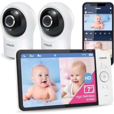 VTech vigilabebés WiFi Inteligente con 2 cámaras y Pantalla HD en Color de 7", cámara FHD de 1080p, aplicación Gratuita, inclinación Horizontal y Vertical y Zoom, Canciones de Cuna: VTech vigilabebés WiFi Inteligente con 2 cámaras y Pantalla HD en Color de 7", cámara FHD de 1080p, aplicación Gratuita, inclinación Horizontal y Vertical y Zoom, Canciones de Cuna: