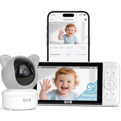 GHB Camara Vigilancia Bebe App WiFi 2K 5 Pulgadas con Camara PTZ 350°/65° Vigilabebes Detección de Movimiento/Sonido/Temperatura/Humedad Visión Nocturna 4XZoom VOX Control de Monitor y Movil GHB Camara Vigilancia Bebe App WiFi 2K 5 Pulgadas con Camara PTZ 350°/65° Vigilabebes Detección de Movimiento/Sonido/Temperatura/Humedad Visión Nocturna 4XZoom VOX Control de Monitor y Movil