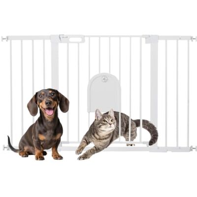 PawHut Barrera de Seguridad para Perros Extensible 75-131 cm Blanco para Puertas y Escaleras, Barrera para Perros con Puerta Pequeña, 2 Extensiones, Montaje a Presión, Doble Bloqueo PawHut Barrera de Seguridad para Perros Extensible 75-131 cm Blanco para Puertas y Escaleras, Barrera para Perros con Puerta Pequeña, 2 Extensiones, Montaje a Presión, Doble Bloqueo