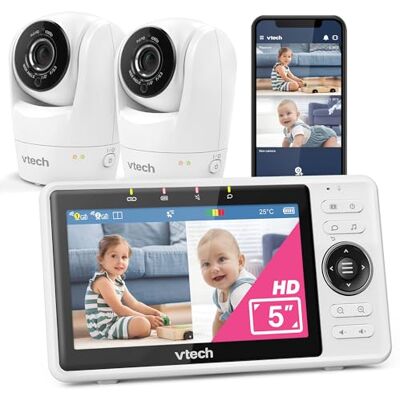 VTech vigilabebés inteligente wifi con 2 cámaras con cámara FHD de 1080p, pantalla IPS HD de 5", vídeo en movimiento, detección de sonido/movimiento, sensor de temperatura, pantalla dividida: VTech vigilabebés inteligente wifi con 2 cámaras con cámara FHD de 1080p, pantalla IPS HD de 5", vídeo en movimiento, detección de sonido/movimiento, sensor de temperatura, pantalla dividida: