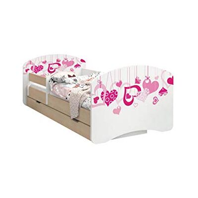 Happy Babies Cama infantil de doble cara con cajón de almacenamiento, diseño moderno con bordes seguros y protección contra caídas, colchón de espuma de 7 cm, bombilla ligera (corazones caídos, Happy Babies Cama infantil de doble cara con cajón de almacenamiento, diseño moderno con bordes seguros y protección contra caídas, colchón de espuma de 7 cm, bombilla ligera (corazones caídos,