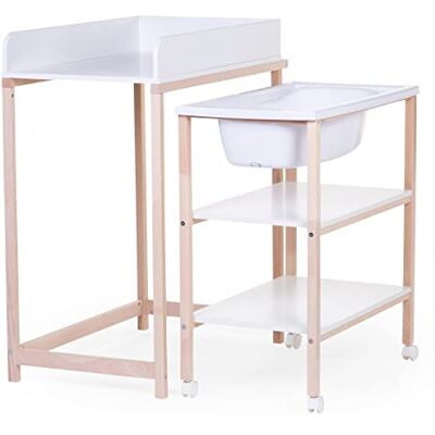 CHILDHOME Béaba Mesa cambiador con bañera, ruedas fáciles de mover, unidad de cambio, robusta, seguridad óptima, ultra práctica, compacta, madera natural de haya, Blanco CHILDHOME Béaba Mesa cambiador con bañera, ruedas fáciles de mover, unidad de cambio, robusta, seguridad óptima, ultra práctica, compacta, madera natural de haya, Blanco