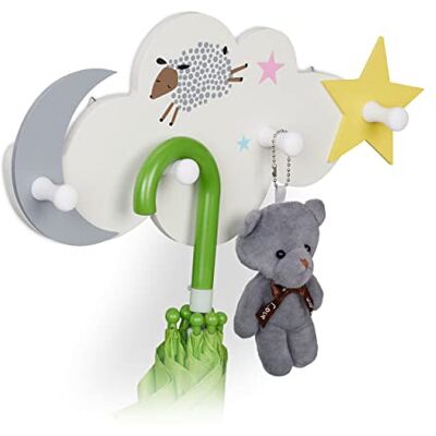Relaxdays Perchero Infantil Nube, Colgador Pared, 16,5x34,5x5 cm, MDF, Ganchos Guardarropa Niños, Cielo Nocturno, Blanco Relaxdays Perchero Infantil Nube, Colgador Pared, 16,5x34,5x5 cm, MDF, Ganchos Guardarropa Niños, Cielo Nocturno, Blanco
