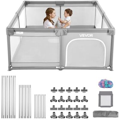 VEVOR Parque Infantil, Ideal para Niños Pequeños, para Interior y Exterior, con 50 Pelotas de Océano, Puerta con Cremallera y Malla Transpirable, Forma Rectangular, Gris, 2060 x 1840 x 650 mm VEVOR Parque Infantil, Ideal para Niños Pequeños, para Interior y Exterior, con 50 Pelotas de Océano, Puerta con Cremallera y Malla Transpirable, Forma Rectangular, Gris, 2060 x 1840 x 650 mm