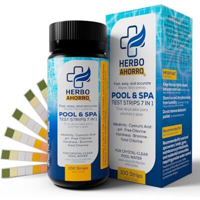 HerboAhorro Tiras Reactivas 7 en 1 para Piscina y Spa – Medidor de pH, Cloro Libre, Alcalinidad, Dureza Total, Ácido Cianúrico y Bromo – Ideal para Bañeras de Hidromasaje y Mantenimiento Profesional 100 uds HerboAhorro Tiras Reactivas 7 en 1 para Piscina y Spa – Medidor de pH, Cloro Libre, Alcalinidad, Dureza Total, Ácido Cianúrico y Bromo – Ideal para Bañeras de Hidromasaje y Mantenimiento Profesional 100 uds