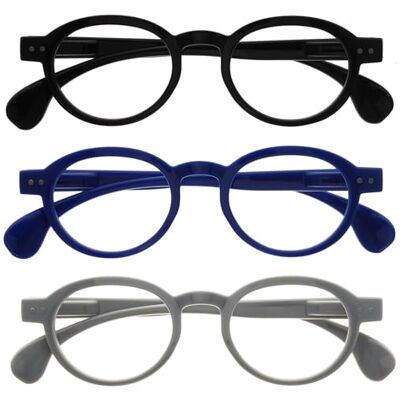 OPULIZE OCA Gafas de Lectura Pack de 3 Montura Moderna Retro Redonda Negro, Azul, Gris Hombre Mujer Bisagras de Muelle RRR54-137 +1.50 OPULIZE OCA Gafas de Lectura Pack de 3 Montura Moderna Retro Redonda Negro, Azul, Gris Hombre Mujer Bisagras de Muelle RRR54-137 +1.50