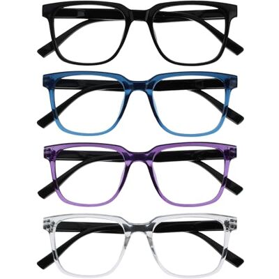 OPULIZE LEO Gafas de Lectura Pack de 4 Montura Rectangular Grande Negro, Azul, Morado, Transparante Hombre Mujer RRRR55-135C +1.50 OPULIZE LEO Gafas de Lectura Pack de 4 Montura Rectangular Grande Negro, Azul, Morado, Transparante Hombre Mujer RRRR55-135C +1.50
