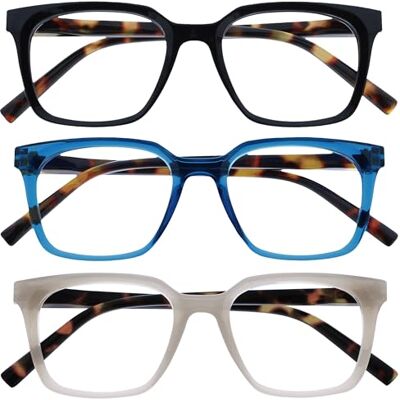 OPULIZE KOI Gafas de Lectura Pack de 3 Elegante Marco Rectangular Ancho Negro/Azul/Gris Hombre Mujer Bisagras de Muelle RRR50-137 +1.00 OPULIZE KOI Gafas de Lectura Pack de 3 Elegante Marco Rectangular Ancho Negro/Azul/Gris Hombre Mujer Bisagras de Muelle RRR50-137 +1.00