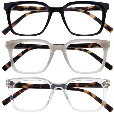 OPULIZE KOI Gafas de Lectura Pack de 3 Marco Rectangular Ancho Negro/Gris/Transparente Hombre Mujer Bisagras de Muelle RRR50-17C +2.00 OPULIZE KOI Gafas de Lectura Pack de 3 Marco Rectangular Ancho Negro/Gris/Transparente Hombre Mujer Bisagras de Muelle RRR50-17C +2.00