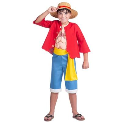 My Other Me Disfraz Luffy niño rojo y azul talla 10-12 años infantil Incluye sombrero, chaqueta, camiseta, fajín y pantalón My Other Me Disfraz Luffy niño rojo y azul talla 10-12 años infantil Incluye sombrero, chaqueta, camiseta, fajín y pantalón