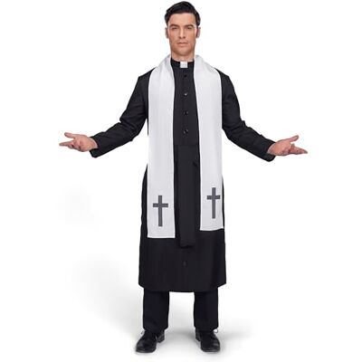 Spooktacular Creations Estola de bata de padre de sacerdote negro para hombre adulto, disfraz de sacerdote para fiesta de disfraces de Halloween, cosplay (grande) Spooktacular Creations Estola de bata de padre de sacerdote negro para hombre adulto, disfraz de sacerdote para fiesta de disfraces de Halloween, cosplay (grande)