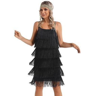 Generic Great Gatsby Vestido de mujer con borla de espagueti, con diadema, elegante mini vestido de los años 20, accesorio de fiesta (XL, negro) Generic Great Gatsby Vestido de mujer con borla de espagueti, con diadema, elegante mini vestido de los años 20, accesorio de fiesta (XL, negro)