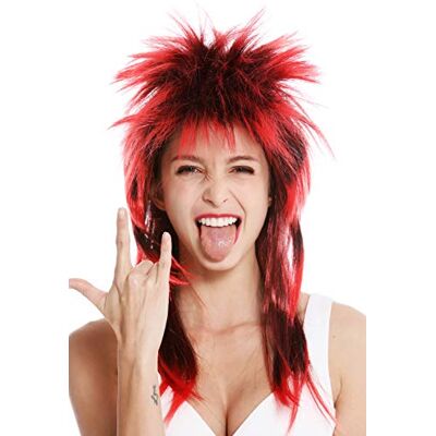 WIG ME UP - -PC103TPC13 Peluca Carnaval Punk Melena roquero Salvaje los 80 Pelo Wave erizado Largo Negro Rojo WIG ME UP - -PC103TPC13 Peluca Carnaval Punk Melena roquero Salvaje los 80 Pelo Wave erizado Largo Negro Rojo