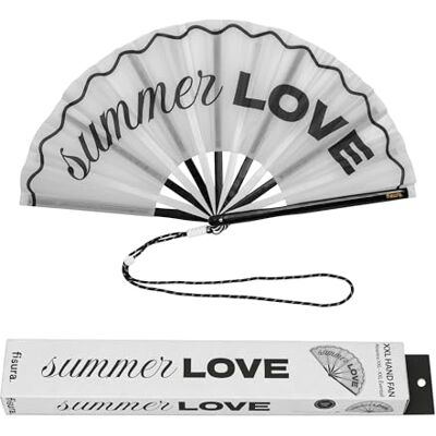 Fisura – Abanico original XXL con mensaje “Summer love”. Abanico para festivales grande de madera moderno y colorido. Ventilador de mano blanco. Colgador incluido. Medidas: 64 x 33 cm. Fisura – Abanico original XXL con mensaje “Summer love”. Abanico para festivales grande de madera moderno y colorido. Ventilador de mano blanco. Colgador incluido. Medidas: 64 x 33 cm.