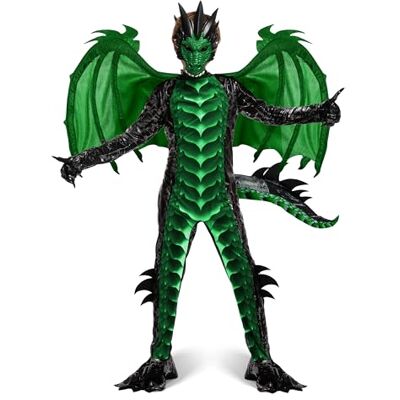 Spooktacular Creations Disfraz de dragón para niños, mono de dragón oscuro verde, alas de dragón, cola y máscara para disfraz de Halloween-M Spooktacular Creations Disfraz de dragón para niños, mono de dragón oscuro verde, alas de dragón, cola y máscara para disfraz de Halloween-M