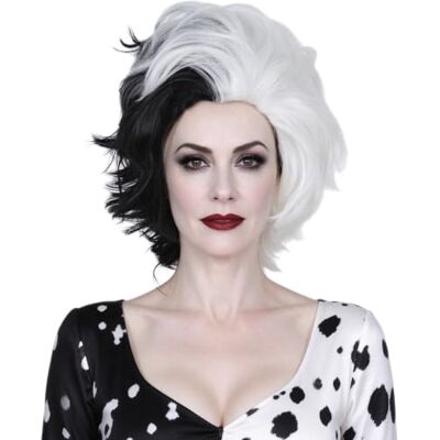 Linfairy Peluca Mitad Blanca y Mitad Negra de 2 Tonos Disfraz de Halloween Peluca Cosplay Para Mujer Linfairy Peluca Mitad Blanca y Mitad Negra de 2 Tonos Disfraz de Halloween Peluca Cosplay Para Mujer