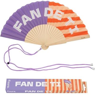 Fisura – Abanico original con mensaje “Fan de ti”. Abanico de madera moderno y colorido. Ventilador de mano morado y rayas naranja. Colgador incluido. Idea de regalo divertida. 42,5 x 23 cm Fisura – Abanico original con mensaje “Fan de ti”. Abanico de madera moderno y colorido. Ventilador de mano morado y rayas naranja. Colgador incluido. Idea de regalo divertida. 42,5 x 23 cm