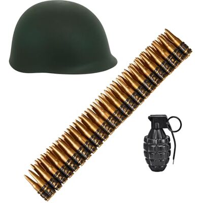 W WIDMANN MILANO Party Fashion Accesorios para disfraces: set militar con casco, cinturón con cartuchos y granada de mano, adecuado para carnaval W WIDMANN MILANO Party Fashion Accesorios para disfraces: set militar con casco, cinturón con cartuchos y granada de mano, adecuado para carnaval